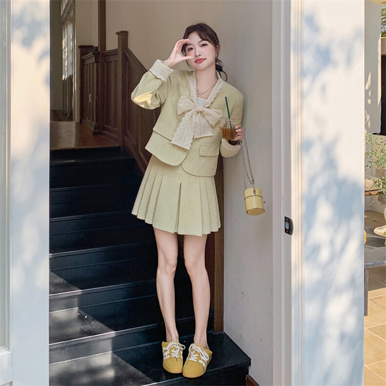 法式小香风小个子穿搭一整套女2025春新款蝴蝶结外套百褶裙两件套,女装套装/套裙,浙宝069