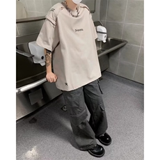 夏季短袖T恤男帅气破洞亮钻别针棉质半袖时尚男士圆领上衣服，男装T恤，星座1013