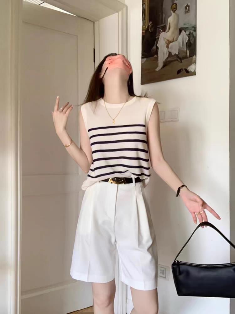 休闲百搭高级感通勤条纹短袖背心,女装背心吊带,端硕羊绒