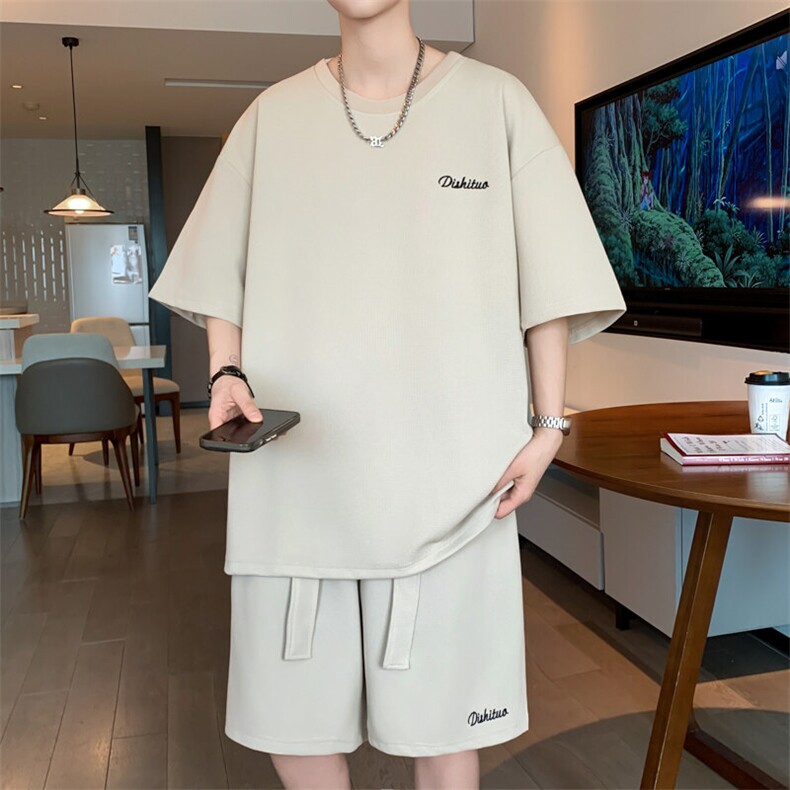 短袖男夏季套装2025新款时尚运动飘带两件套A436-D230-P65,男装休闲套装,电商A436