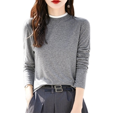 秋冬新款拼色半高领精纺针织打底衫女假两件长袖内搭毛衣显瘦上衣，女装羊毛衫，臻维羊绒