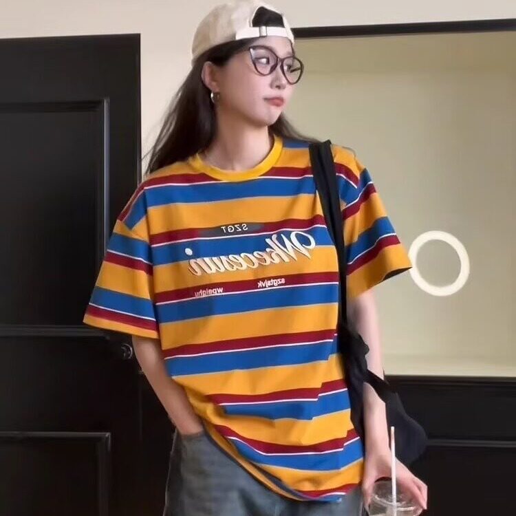撞色条纹短袖t恤女2025新款夏季宽松休闲美式设计感小众半袖上衣,男装T恤,星座506A