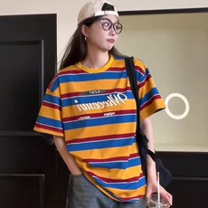 撞色条纹短袖t恤女2025新款夏季宽松休闲美式设计感小众半袖上衣，男装T恤，星座506A