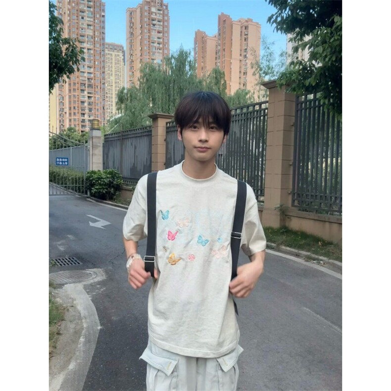 M539-P35夏日彩蝶刺绣复古重工百搭凉感纯棉短袖T恤 男女同款图片