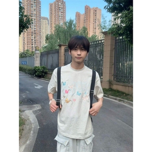 M539-P35夏日彩蝶刺绣复古重工百搭凉感纯棉短袖T恤 男女同款图片
