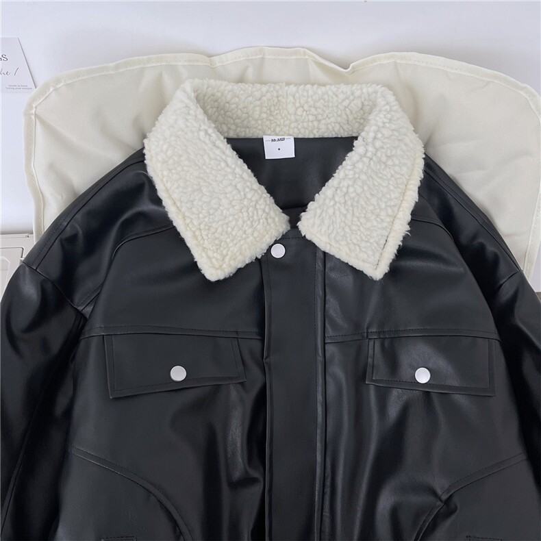 翻领毛领拼接美式复古棉服外套男女冬季新款百搭pu夹棉皮衣FY216,男装皮衣,星座601-1