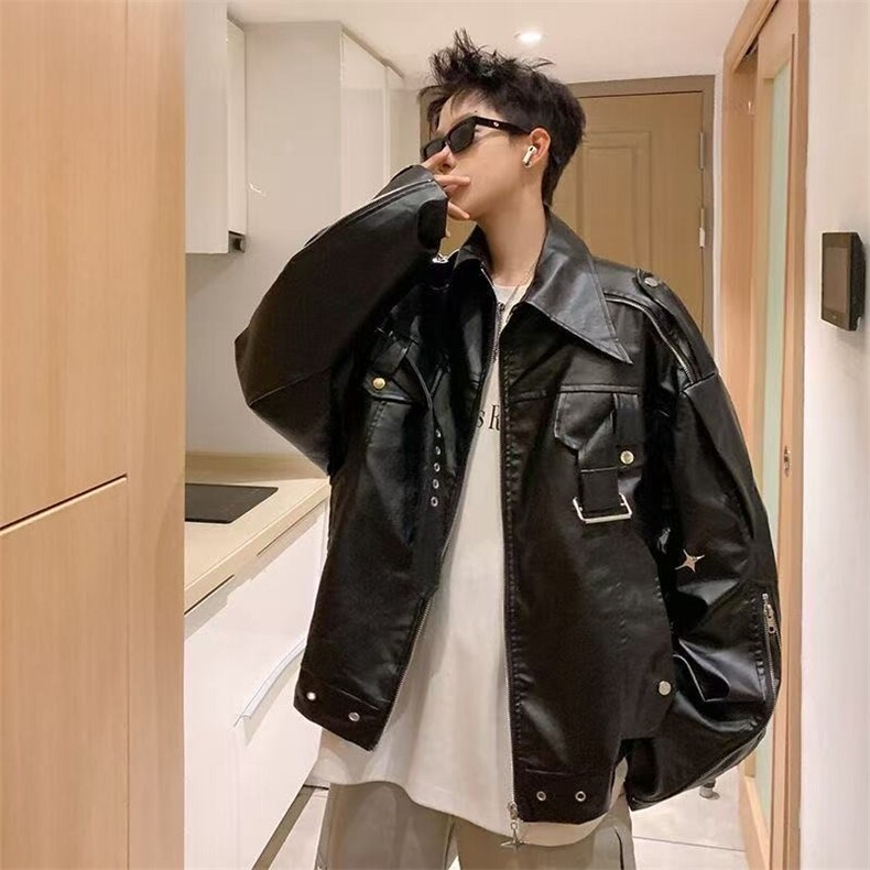重磅机车服pu皮衣外套男装嘻哈十字架短款休闲皮夹克JK8500P85,男装皮衣,星座1013-1