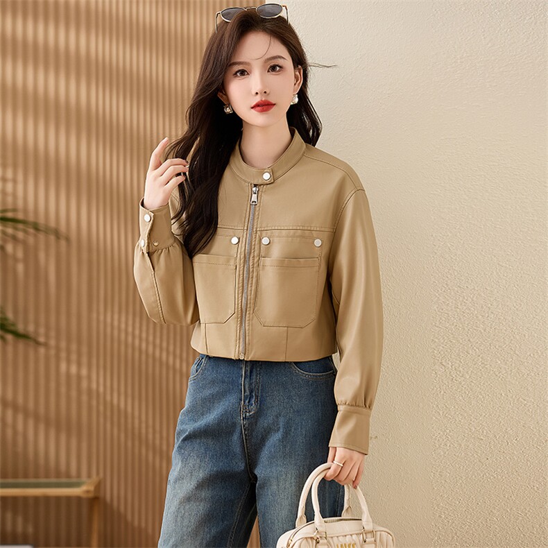 现货复古短款皮衣外套女2024春秋新款PU皮机车服秋季女式皮夹克,女装皮衣,江南女神