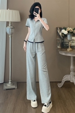 韩版时尚休闲运动套装女夏季新款纯色拼接立领短袖阔腿裤两件套潮，女装套装/套裙，2C310