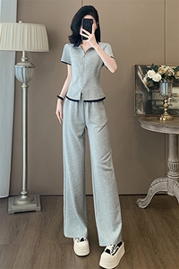 韩版时尚休闲运动套装女夏季新款纯色拼接立领短袖阔腿裤两件套潮图片