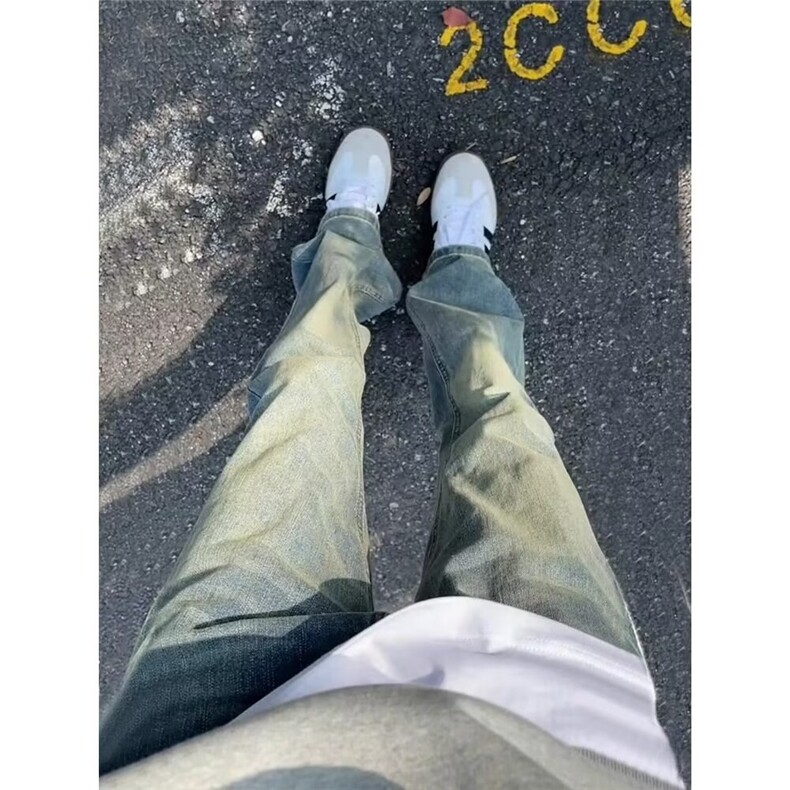美式复古潮牌牛仔裤男款水洗高街加长显腿长直筒微喇裤子图片