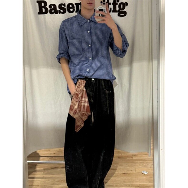 美式复古丹宁原色弯刀牛仔裤男女可拆卸方巾阔腿休闲裤N011,男装牛仔裤,星座601-1