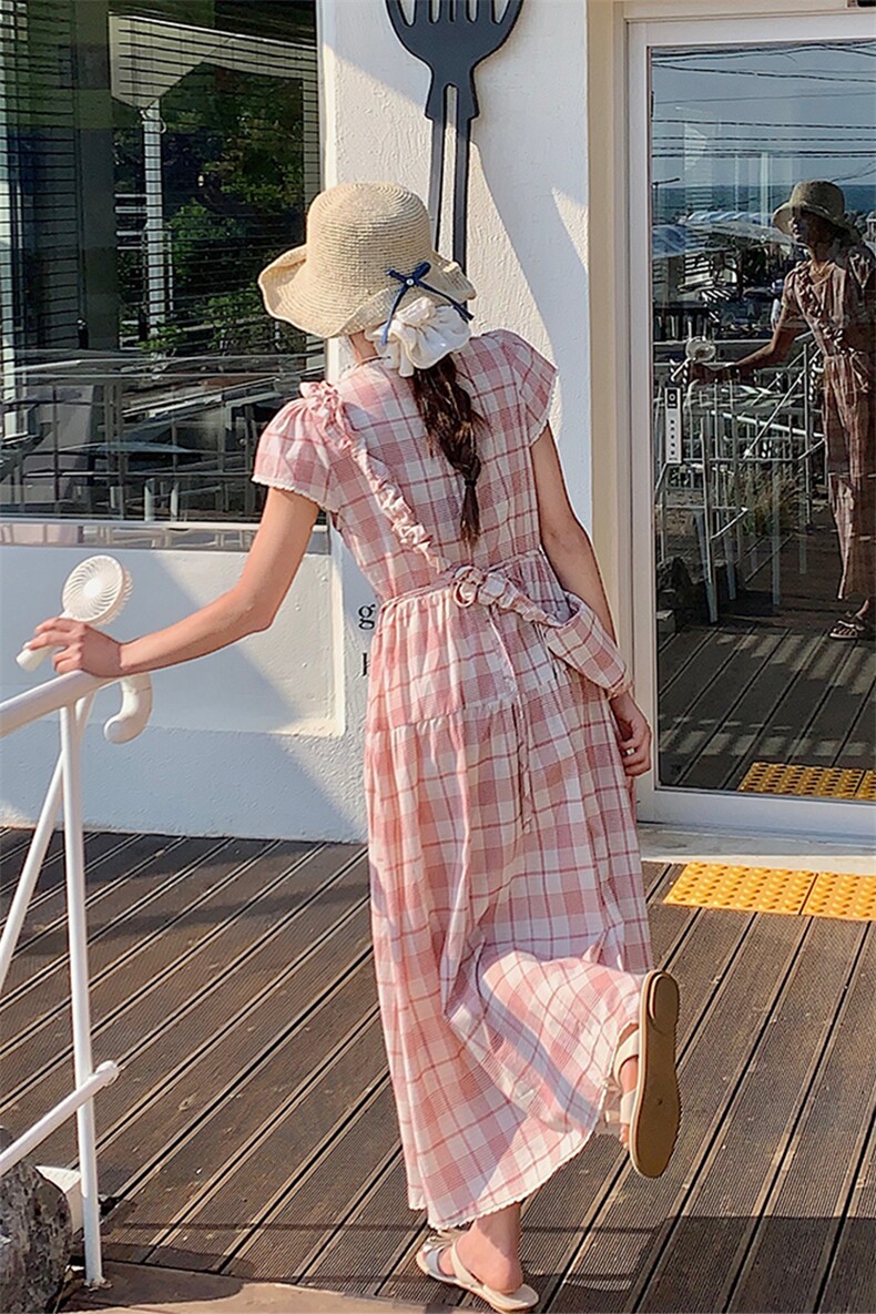 粉色法式收腰显瘦减龄温柔风初恋裙女2025夏季新款甜美格子连衣裙,女装连衣裙,2C022