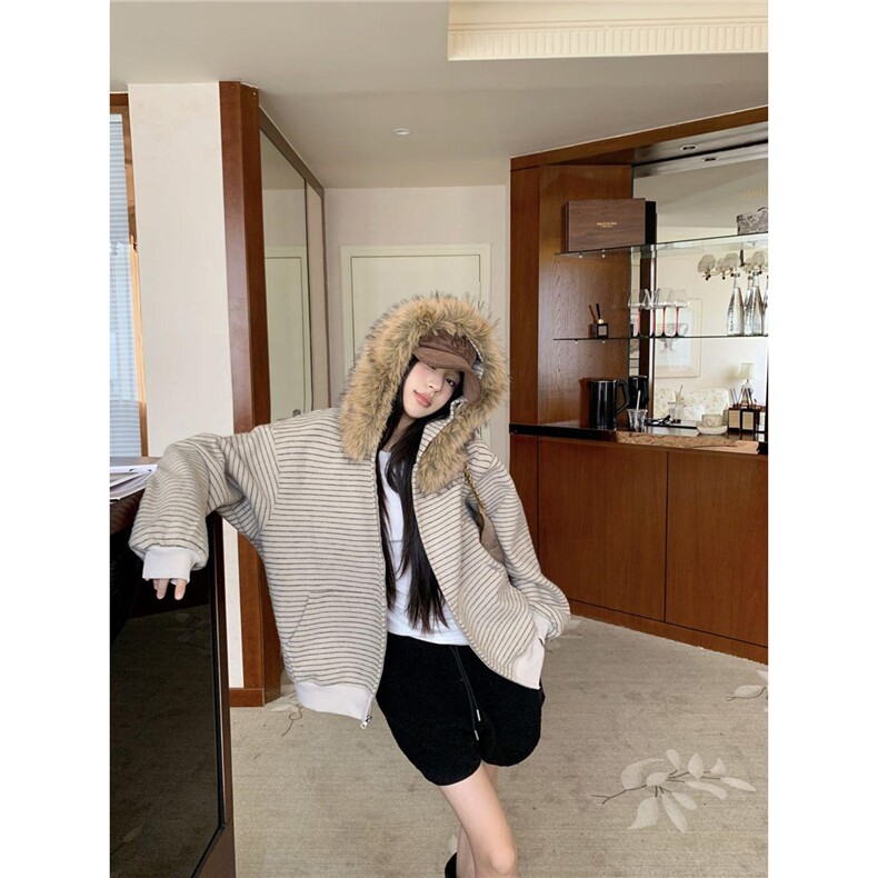 植绒开衫毛领外套拉链连帽毛领撞色条纹开衫JK790-P78,女装短外套,星座910