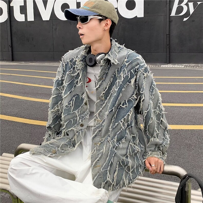 毛边拼色水洗牛仔衬衣外套流苏设计感炸街网红衬衫外套J3502-p75,男装衬衫,星座1001-1