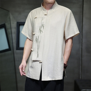 风（折枝金竹）棉麻混纺拼接绣花木头扣宽松立领短袖衬衫图片