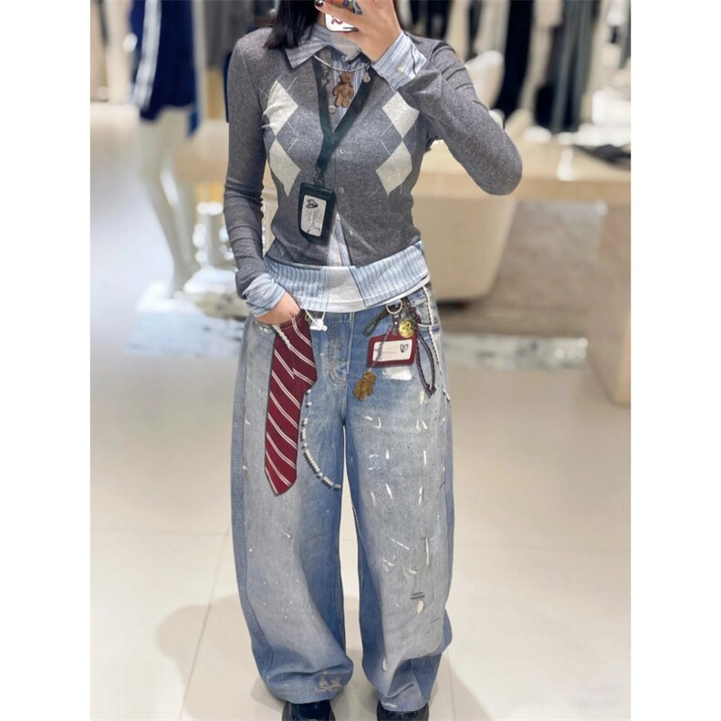 【现货】美食阔腿牛仔裤男女潮红色条纹领带珍珠 P63 YQ61图片