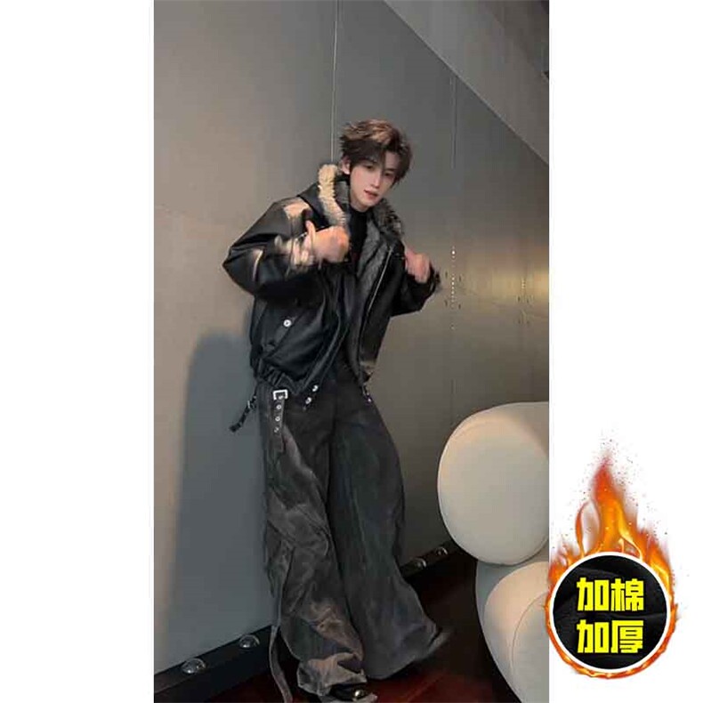 现货冬季美式潮牌痞帅PU皮机车服棉衣毛毛绒狼王座山雕皮棉服,男装棉衣,电商A443