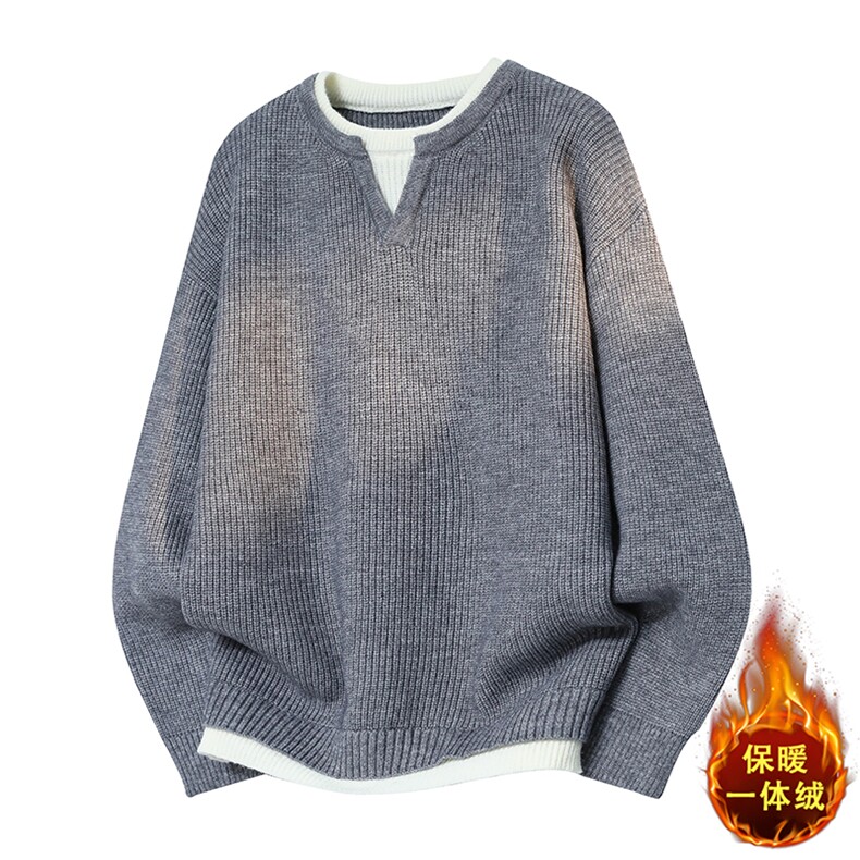 复古拼接假两件毛衣男加绒加厚保暖宽松针织衫B6012JR-特价P60,男装针织衫/毛衣,电商A007