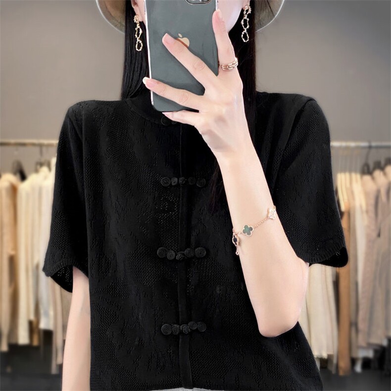 冰丝针织短袖t恤女2024新款中式女装大码洋气薄款中国风盘扣上衣,针织衫/毛衣,萱芳婷羊绒