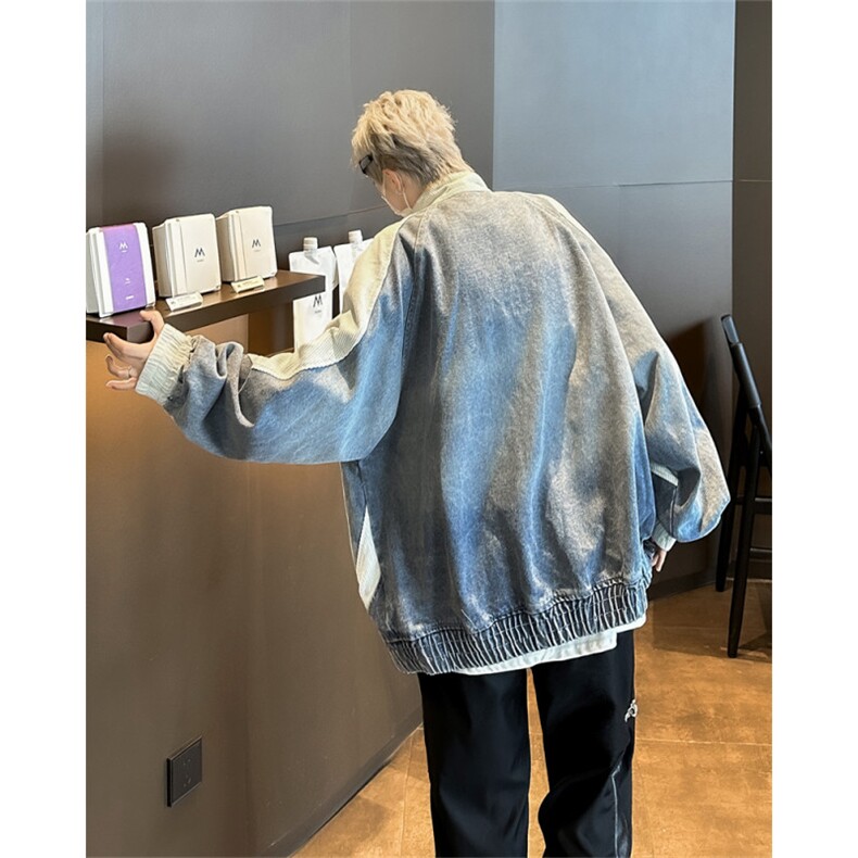 美式街头牛仔拼接刺绣立领夹克男女宽松百搭休闲外套,男装夹克,星座410-6（原星座1304-1）