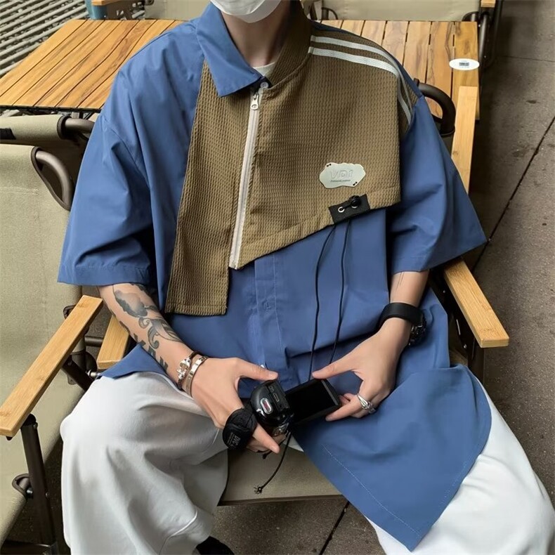 短袖衬衫男款夏季潮流潮牌痞帅拼接青年宽松半袖衬衣外套HC10-P43,男装衬衫,星座1008