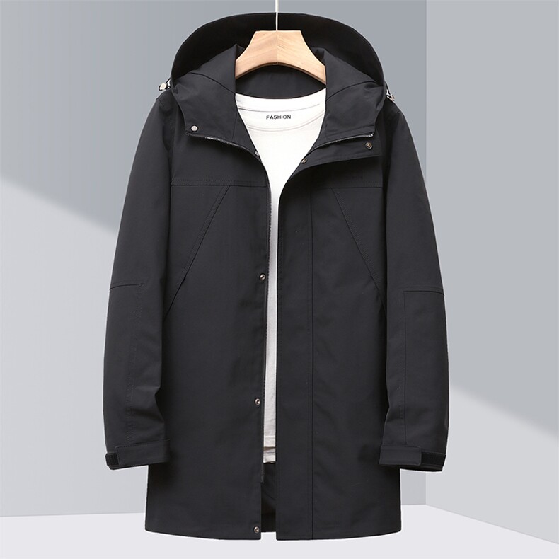 中年男士风衣2023春秋新款潮流休闲时尚大衣中长款连帽纯色外套男，男装风衣，电商B212（原钱塘6029）