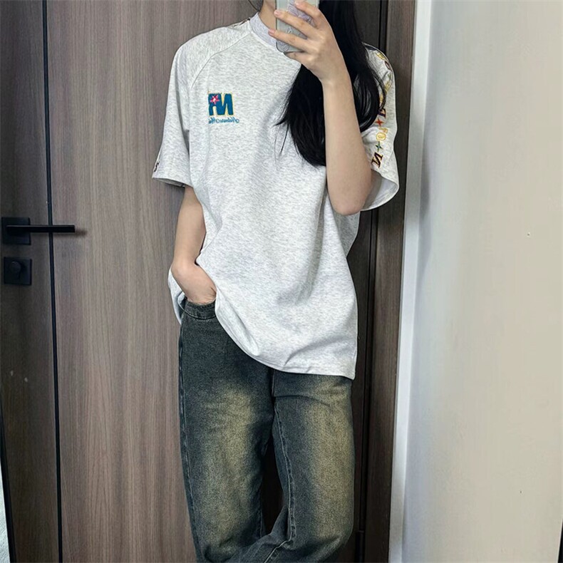 解构设计万针全刺绣工艺280克重磅高品质美式高街短袖T恤特33,男装T恤,电商A486-1