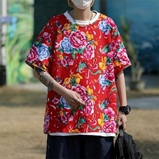 HT202男士夏大码人棉大花红黑圆领短袖透气凉爽TEE恤棉纱风，男装T恤，星座115A(原星座507）