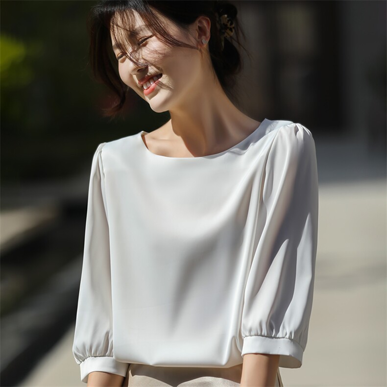 法式优雅真丝缎面七分袖衬衫女方领桑蚕丝短袖上衣醋酸半袖T恤衫，女装衬衫，朝贺羊绒