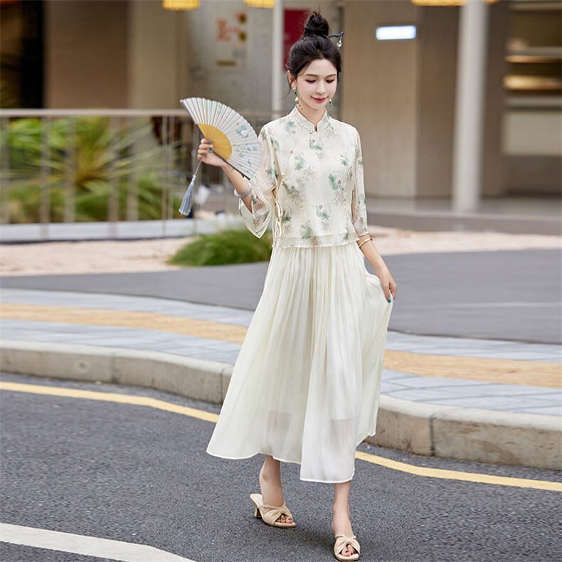 现货退货退现改良旗袍连衣裙两件套装女夏新中式年轻高端高贵优雅,商品下架区,韩然一族