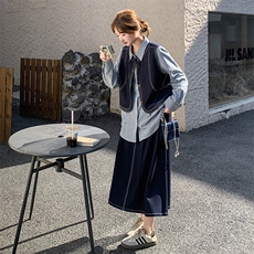 学院风条纹衬衫牛仔马甲套装裙女2025秋季新款韩版时尚显瘦三件套，女装套装/套裙，2D041