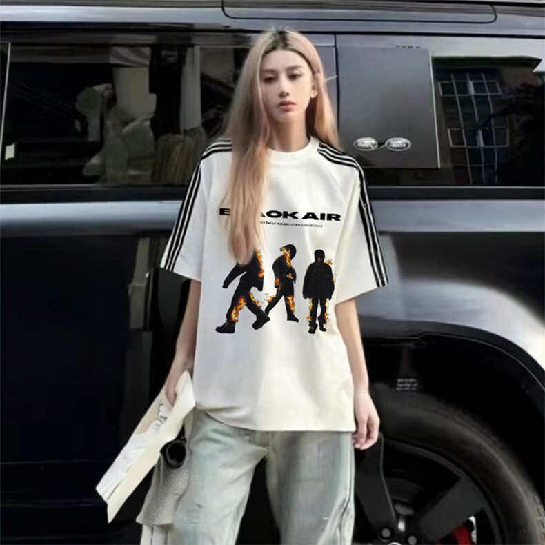 抖音得物品质二开240克宽松纯棉美式潮牌印花三条杠中性风短袖T恤,男装T恤,电商A486-1