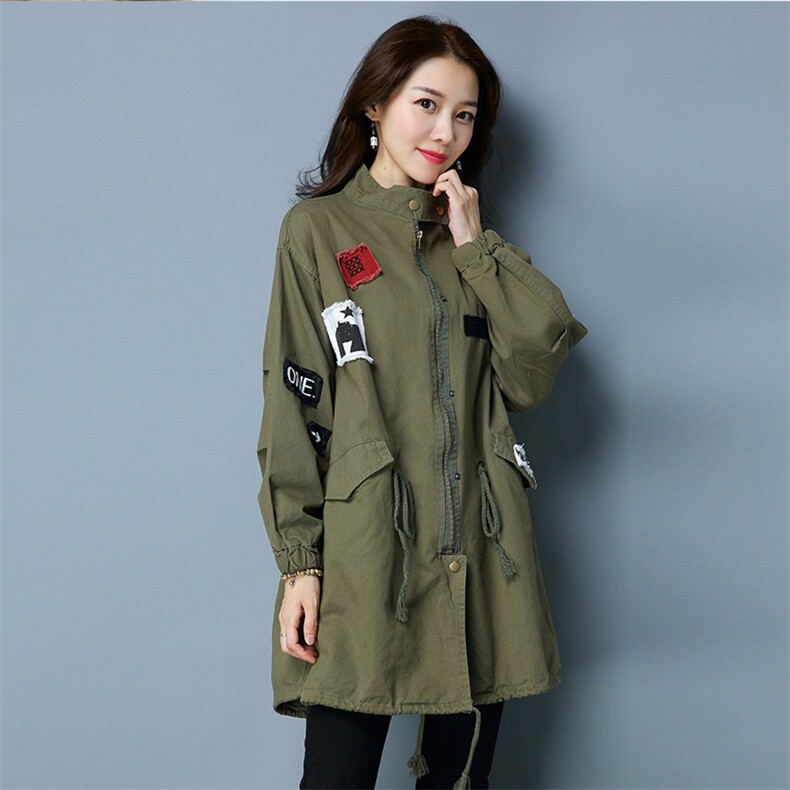 贴布口袋系带纽扣直筒中长款长袖2021年秋季拉链圆领通勤，女装大码女装，独衣靓