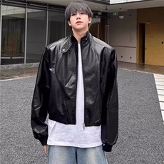 JK163-P67复古PU皮机车夹克男士短款早秋季宽松廓形宽垫肩立领，男装夹克，电商B323A