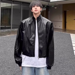 JK163-P67 复古PU皮机车夹克男士短款早秋季宽松廓形宽垫肩立领图片