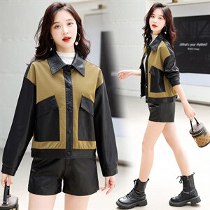 主推现货休闲短款外套女宽松小个子2022年新款时尚女士拼接皮衣,女装皮衣,江南女神