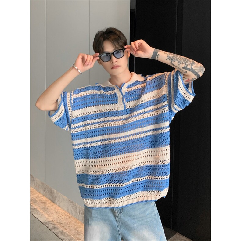 BOYUE帛跃镂空条纹短袖夏季韩版原宿风情侣高级感透气小众男，男装T恤，四季星座505