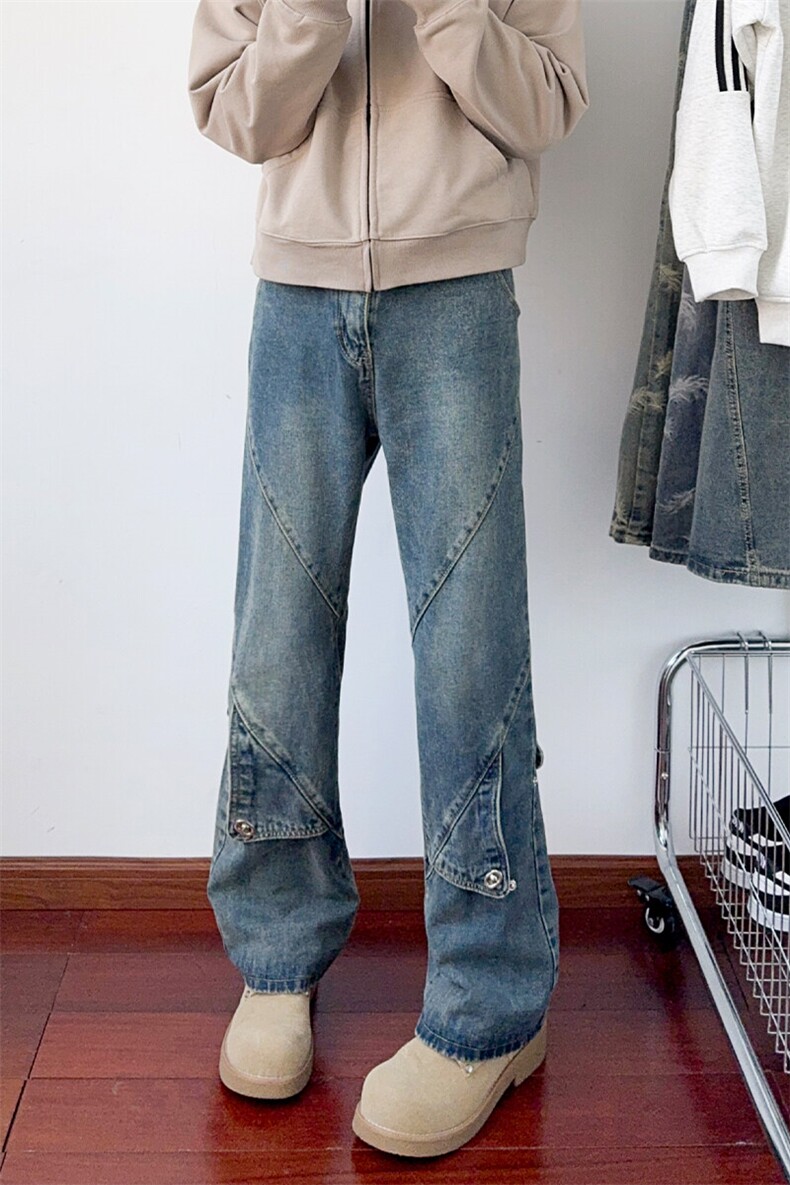 B221美式ins高街暗黑拼接直筒工装牛仔裤LK24147-P70控98,男装牛仔裤,电商B221