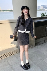 灰色甜美拼接小香风上衣套装裙女2025新款春季法式半身短裙两件套，女装套装/套裙，帛锦泉