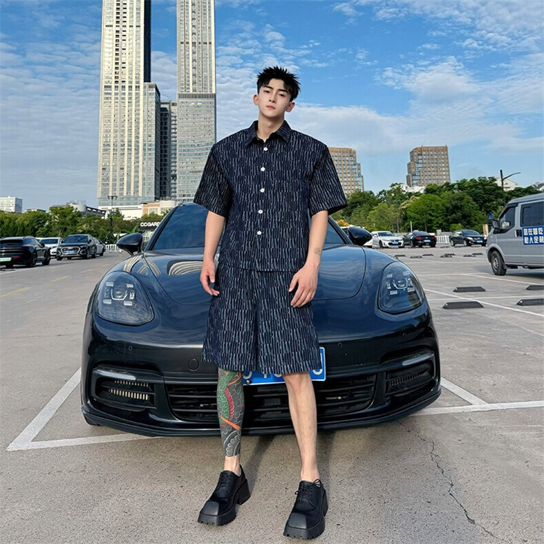 2025夏季韩系轻奢蓝色垫肩做旧牛仔男士提花短袖套装TZ01/P175,男装休闲套装,星座305B