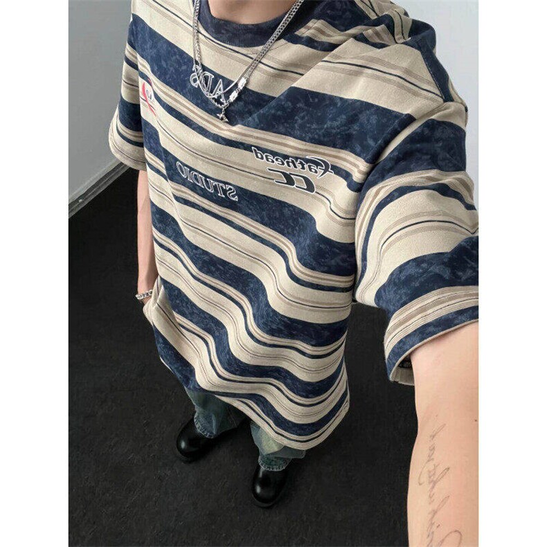 美式复古条纹短袖T恤男女夏季新款宽松休闲扎染上衣WLT800-P33,男装T恤,星座1008