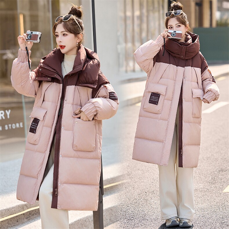 粉色连帽撞色拼接羽绒服女2024冬新款过膝中长款加厚保暖鸭绒外套,女装羽绒服,韩宇舍