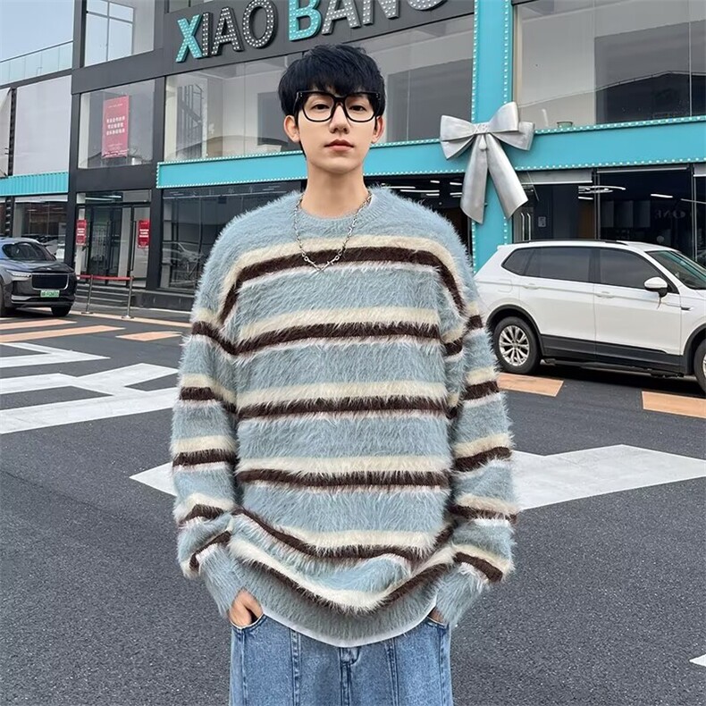 黑白条纹水貂绒毛衣男女款秋冬季高级感毛绒软糯圆领套头针织毛衫图片
