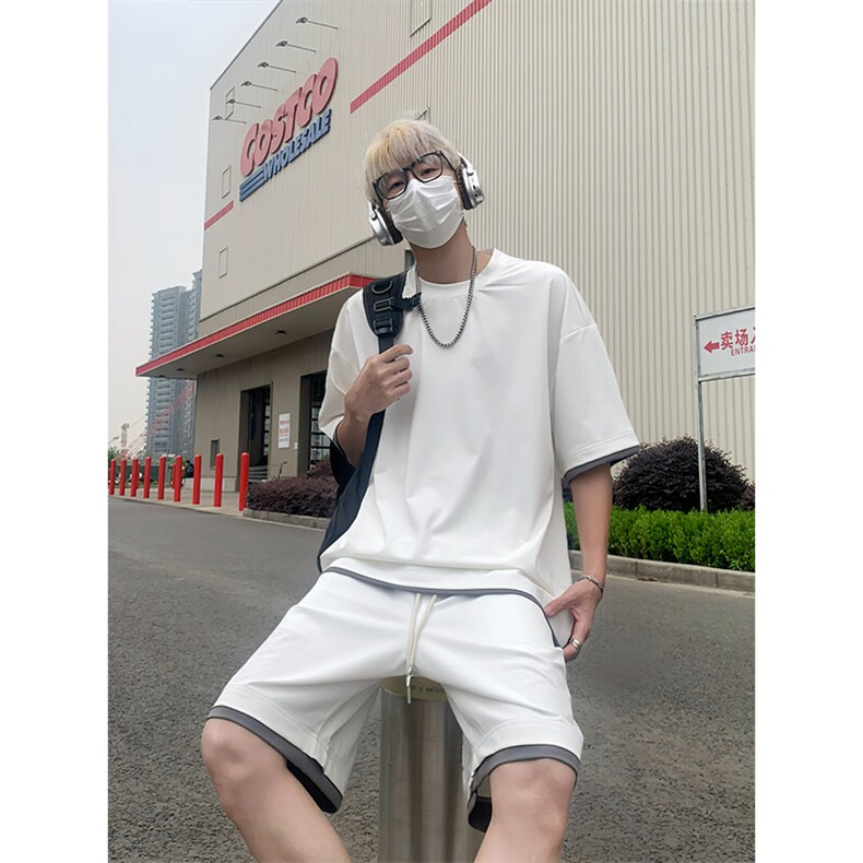 日系冰丝休闲运动套装男夏季薄款短袖t恤短裤学生时尚两件套衣服,男装休闲套装,电商A007