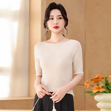 100%杨子纱超细羊毛肌理感树皮花一字领短袖，女装针织衫/毛衣，优麦羊绒（原洪叶羊绒）