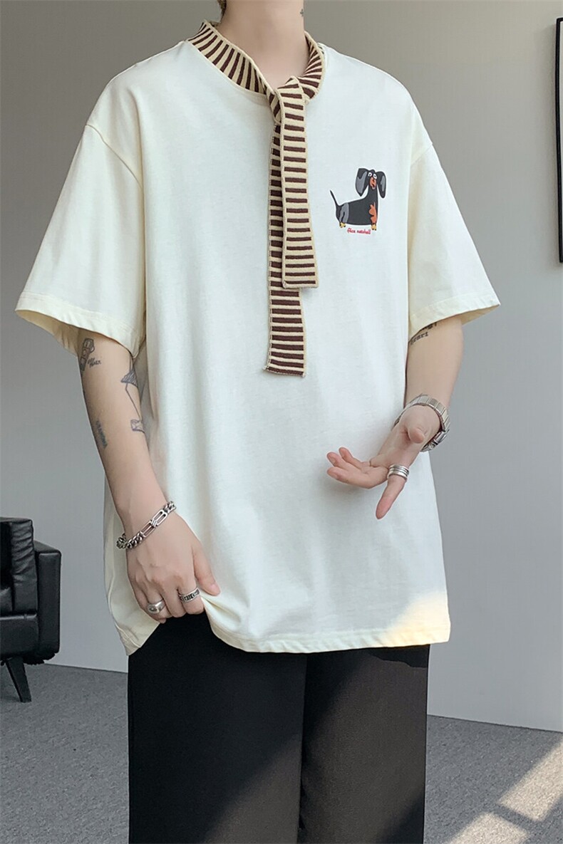 8XL-M纯棉复古拼接假领带设计短袖美式T恤男重工情侣上衣潮DX341,男装T恤,电商D206-1