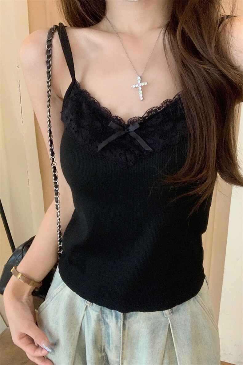 夏季韩版bm纯欲蕾丝拼接含胸垫纯棉吊带背心T恤上衣女，女装背心吊带，梦白服饰厂