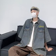 复古牛仔短袖衬衫外套男女夏季新款潮风宽松显瘦上衣W067/P55，男装衬衫，星座506