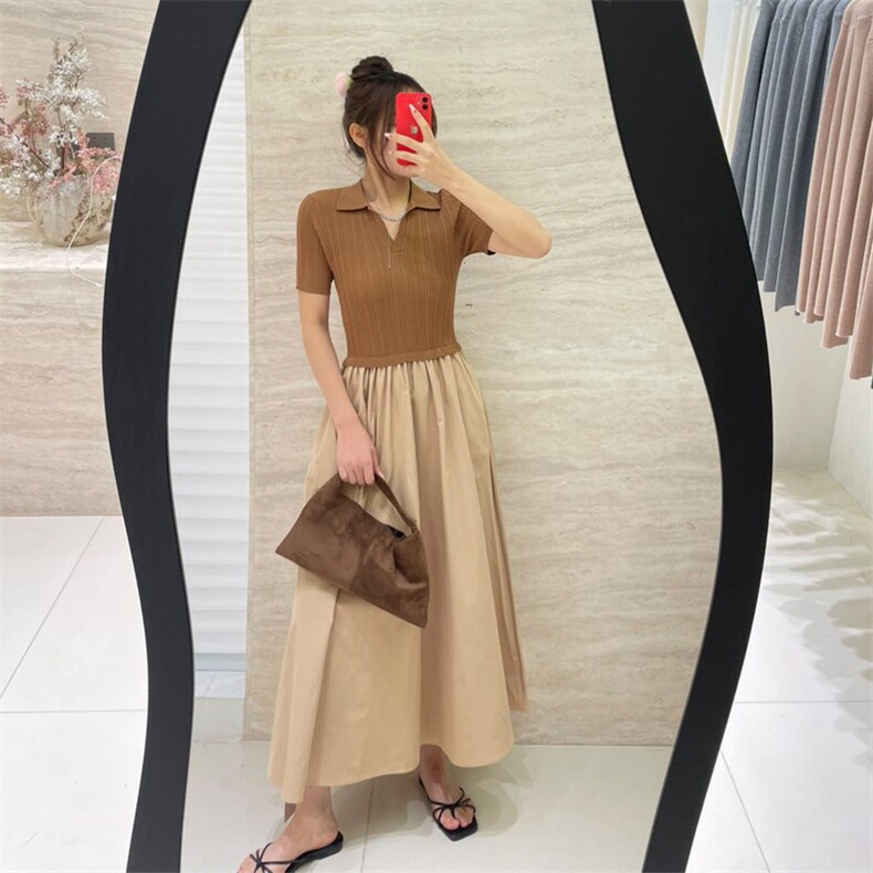坑天POLO领拼接纯棉半身裙，女装连衣裙，优麦羊绒（原洪叶羊绒）